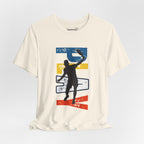 Men's Retro Pickleball Action T-Shirt with front silhouette and vertical "PICKLEBALL" text on the back, by Printify.