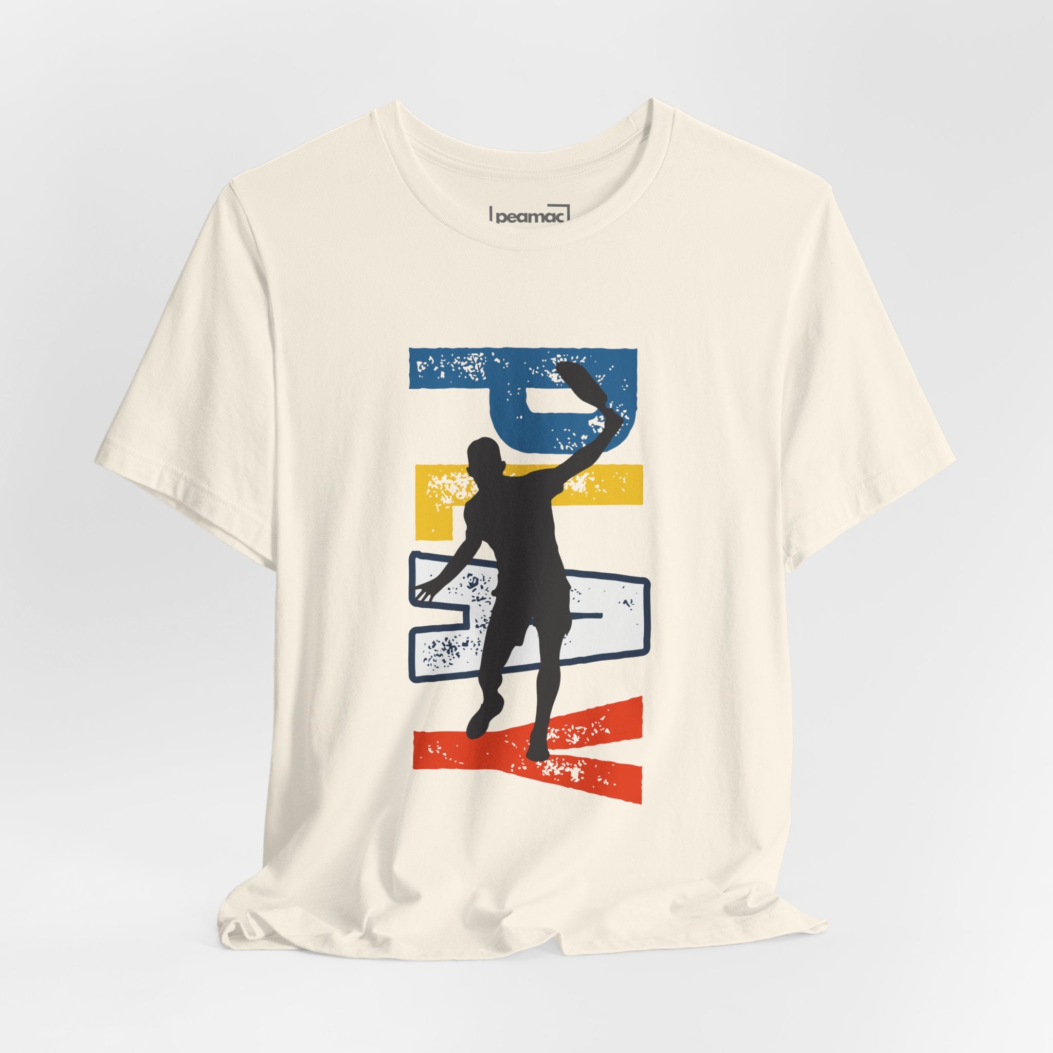 Men's Retro Pickleball Action T-Shirt with front silhouette and vertical "PICKLEBALL" text on the back, by Printify.