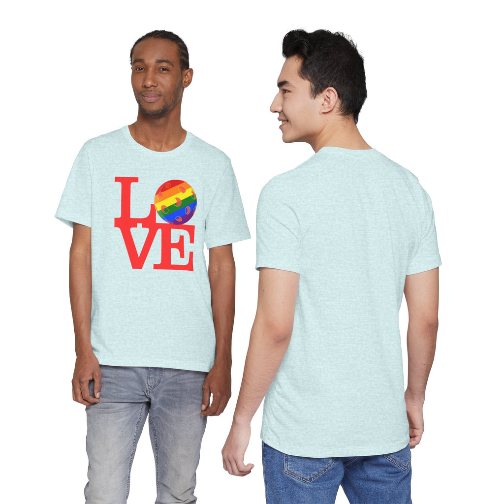 Rainbow LGBTQ2 Pride T-shirt by Printify featuring the LOVE Pickleball logo on a colorful, comfortable T-shirt for support and expression.