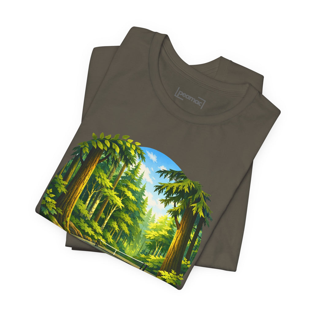 Unisex Hidden Forest Pickleball T-Shirt with Bainbridge Island tribute, featuring forest graphic and comfortable cotton fabric.