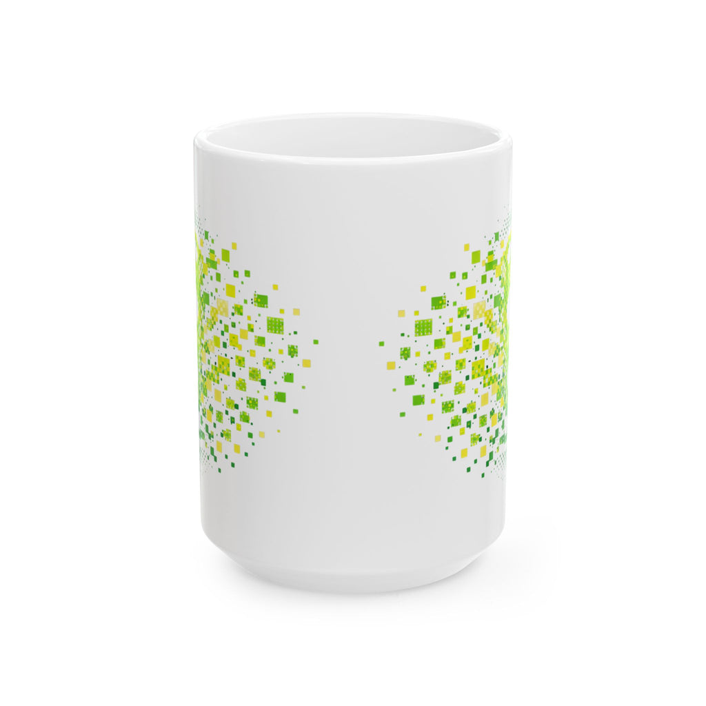 Green ceramic mug featuring a retro pixelated pickleball explosion design, available in 11oz and 15oz sizes.