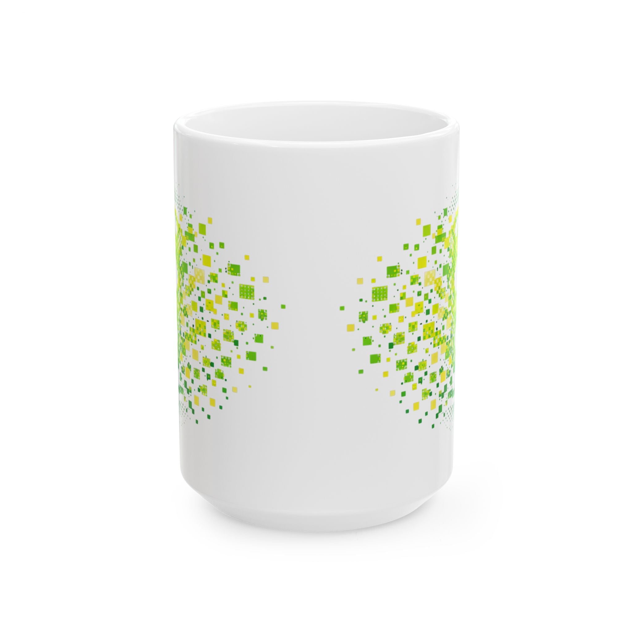 Green ceramic mug featuring a retro pixelated pickleball explosion design, available in 11oz and 15oz sizes.