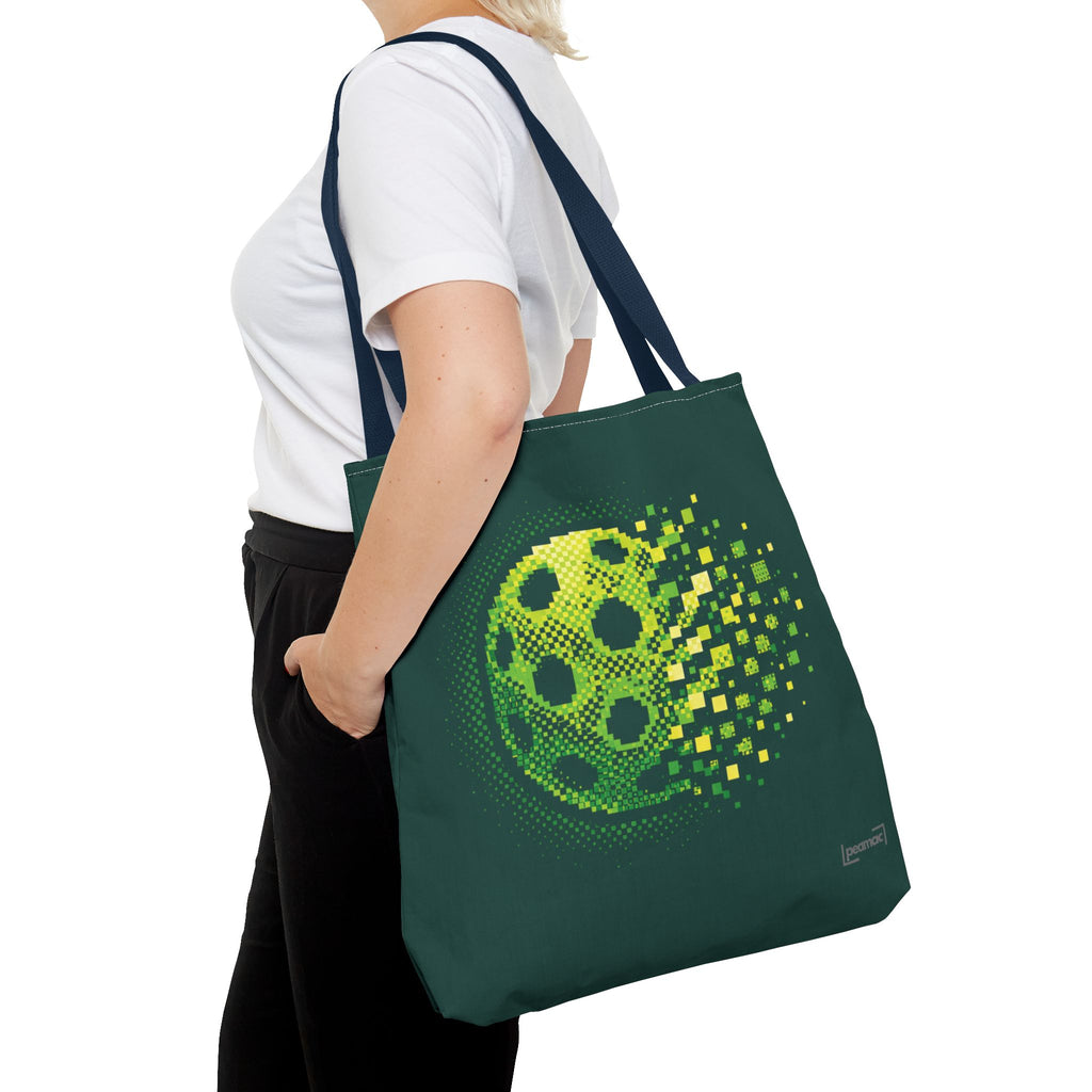 Green Pixelated Pickleball Tote Bag with digital smash design, 18x18 inches, made of durable fabric for sports and casual use.