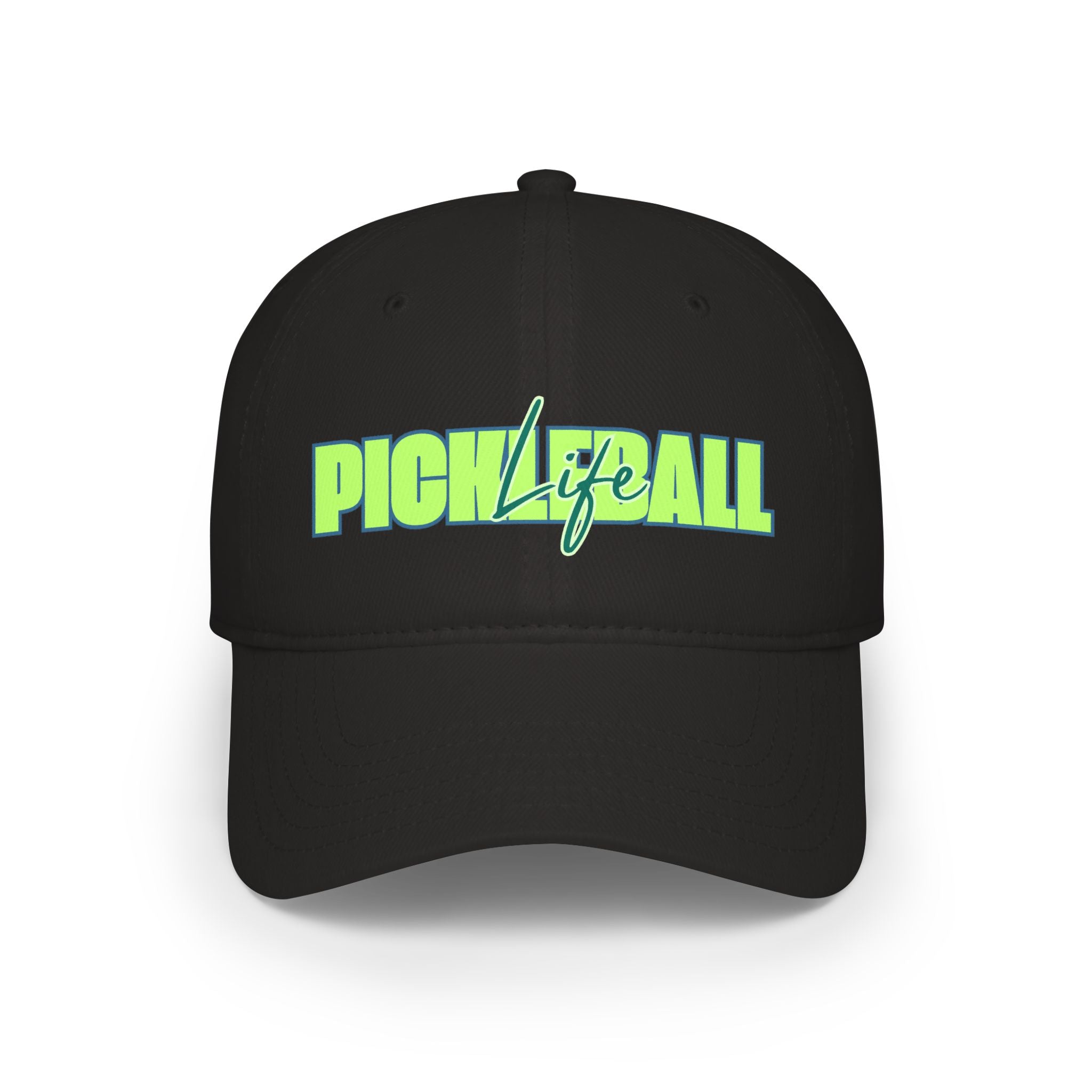 Green and blue Pickleball Life script baseball hat with a low profile design, featuring bold lettering and a comfortable fit.
