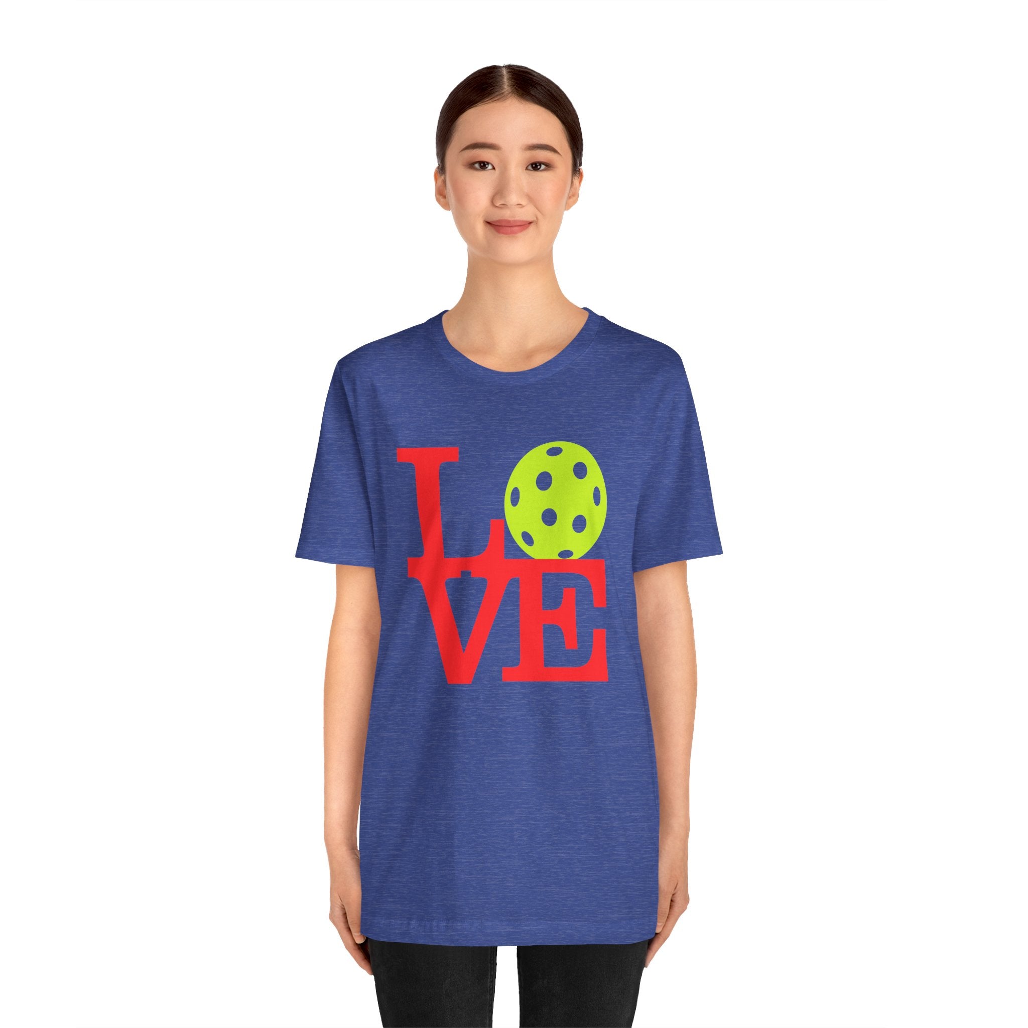 Neon Pop Art Pickleball LOVE T-Shirt by Printify featuring vibrant colors and bold text on a casual cotton shirt.