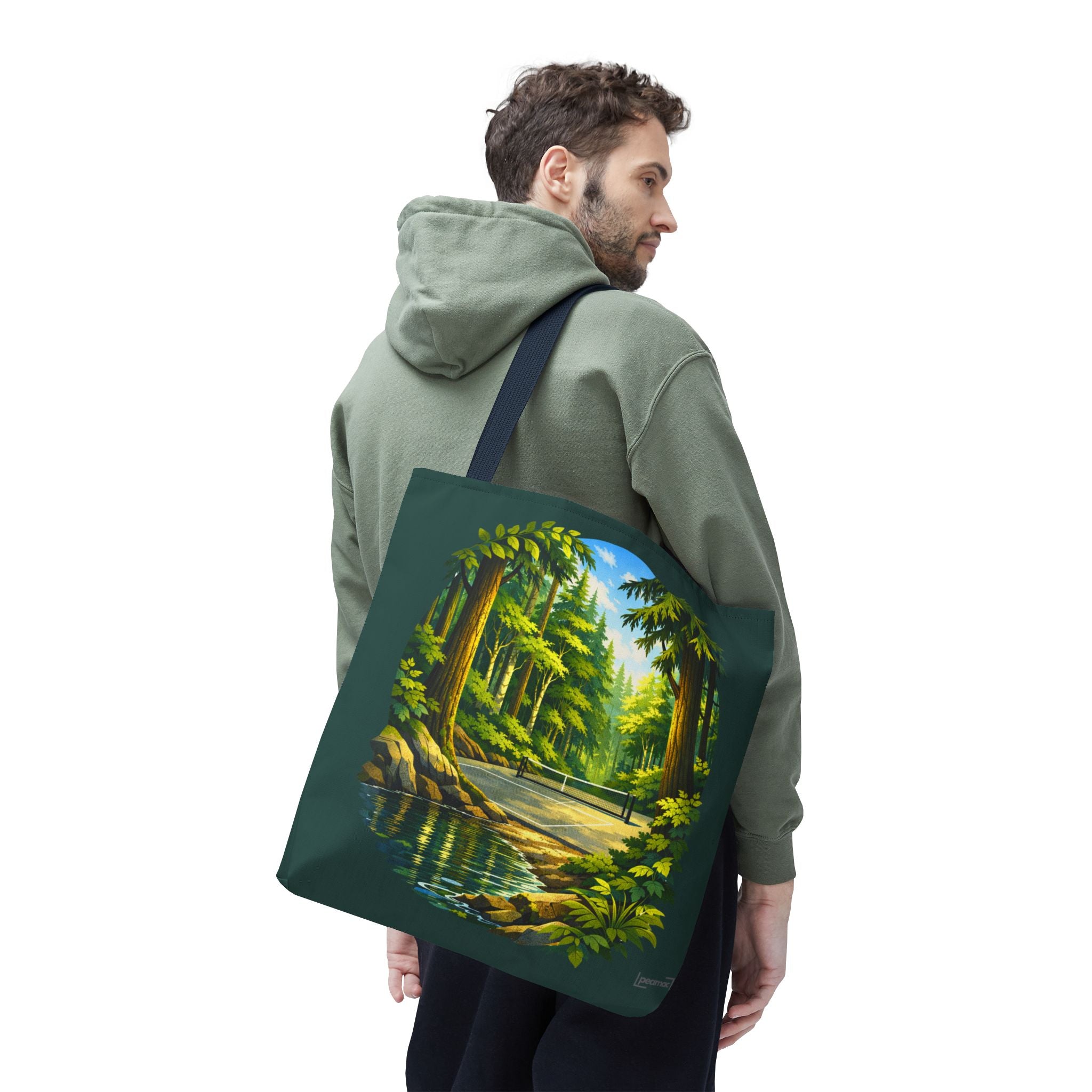 Large Printify Bainbridge Island pickleball tote bag with Pacific Northwest forest court design, perfect for carrying pickleball gear.