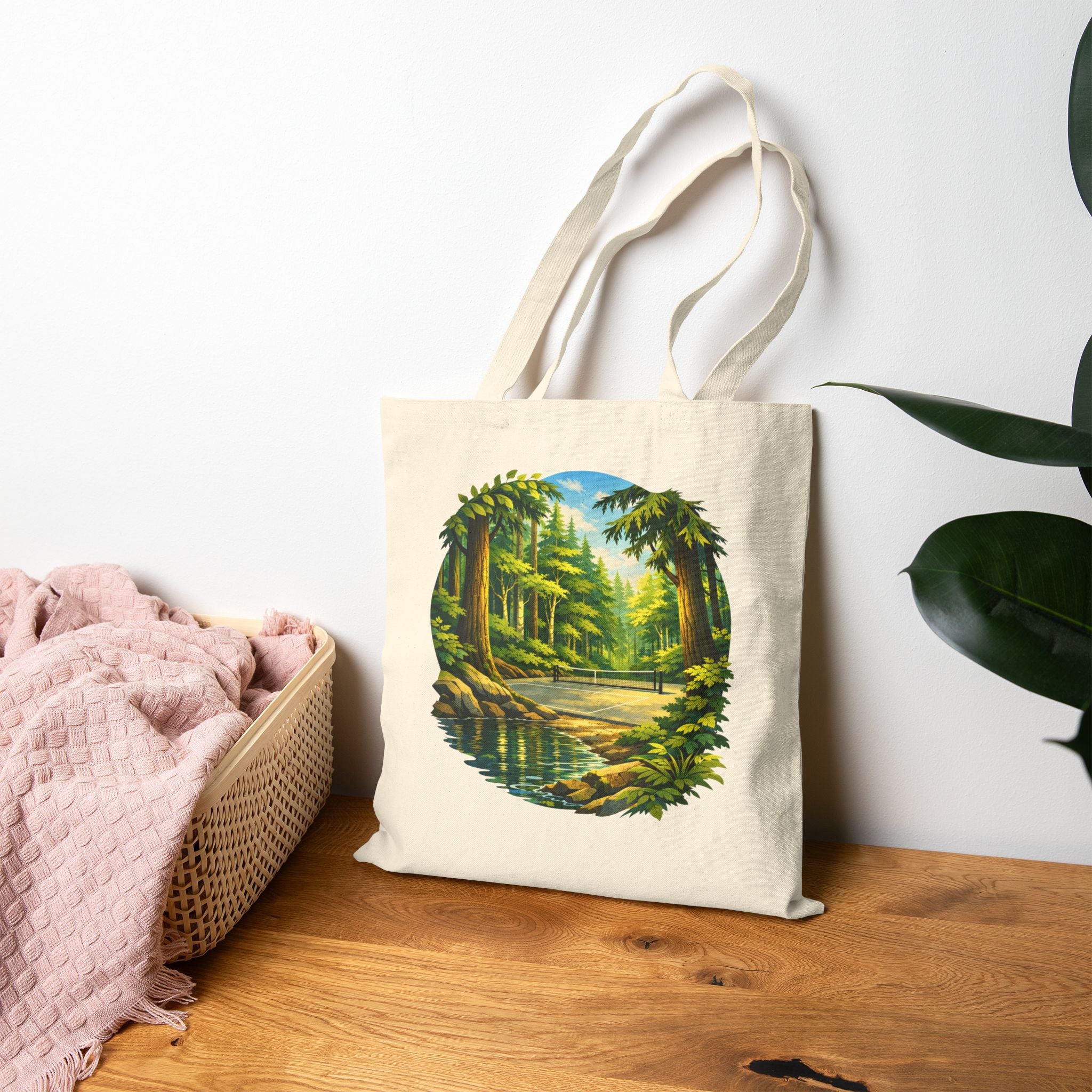 Bainbridge Island Pickleball Tote Bag  | Pacific Northwest Forest Court Design Canvas | Black & Natural Canvas Bags for Gear | Gift for Players