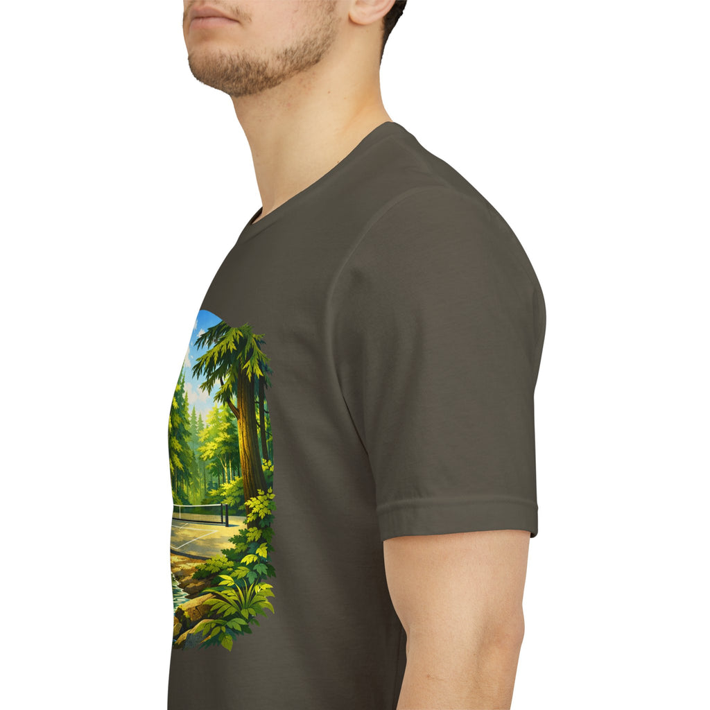 Hidden Forest Pickleball T-Shirt featuring Bainbridge Island tribute, unisex design with forest graphic and comfortable fit.