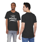 Classic pickleball T-shirt with "Pickleball" script design, comfortable cotton fabric, perfect for pickleball players and fans.