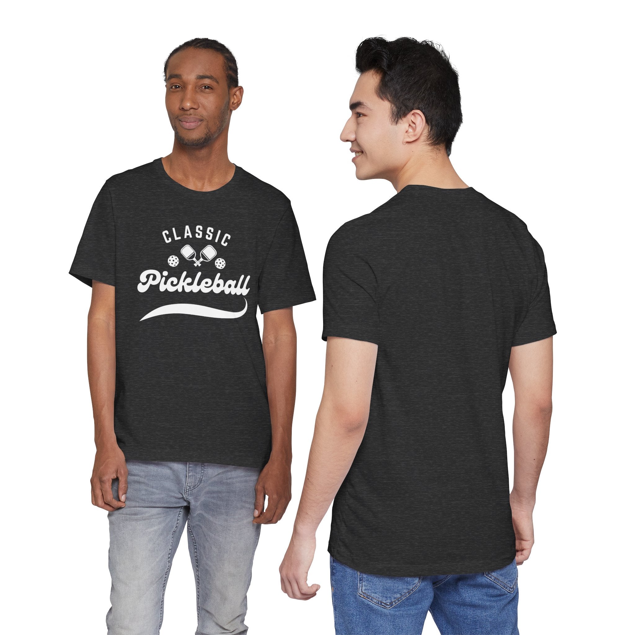 Classic pickleball T-shirt with "Pickleball" script design, comfortable cotton fabric, perfect for pickleball players and fans.