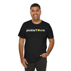Toronto PickleTOwn T-Shirt featuring the CN Tower and pickleball design, casual cotton tee by Printify.