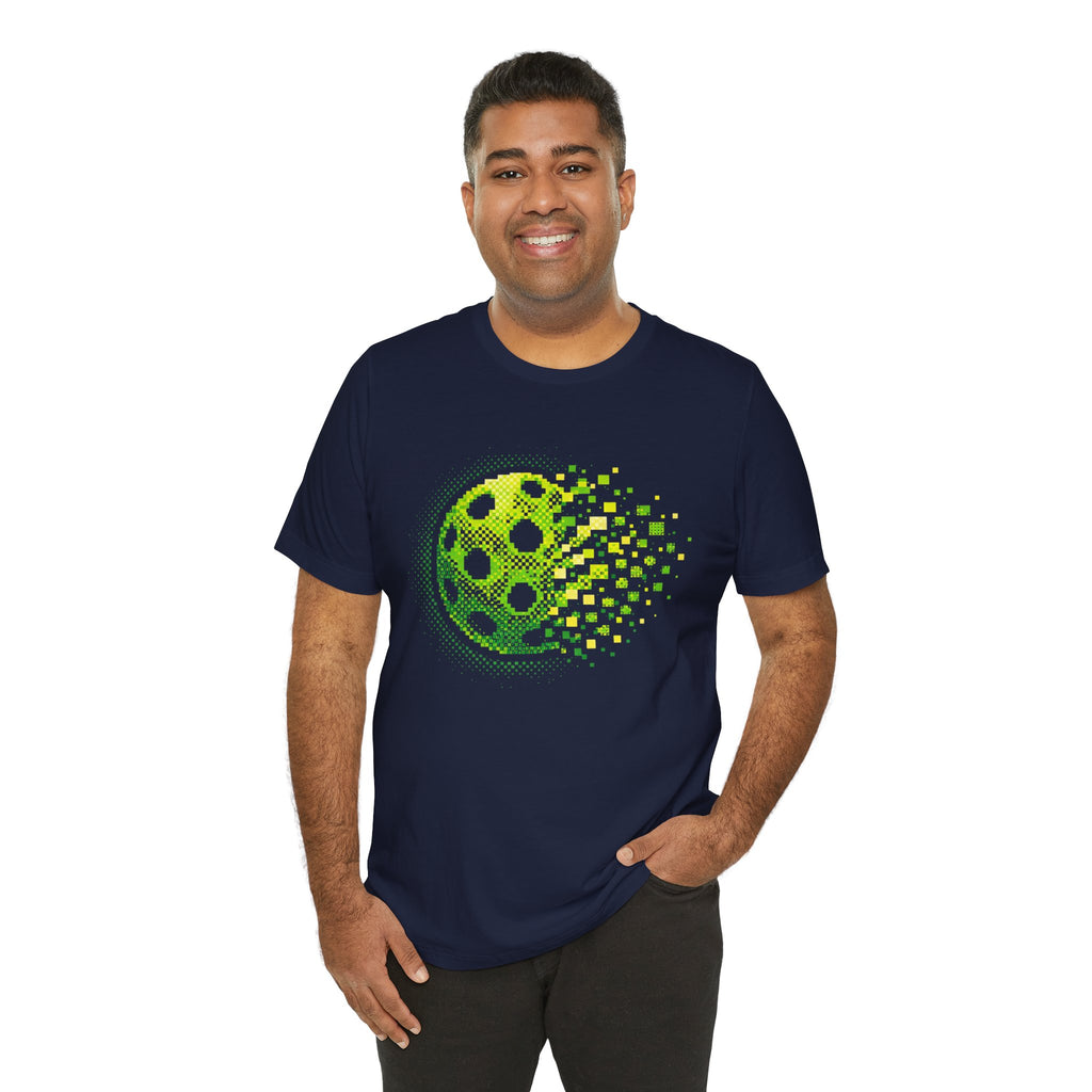 Green Pixelated Pickleball Tee with retro court graphic, casual T-shirt by Printify featuring colorful pickleball design.