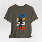Men's Retro Pickleball Action T-Shirt with dynamic front silhouette and vertical "PICKLEBALL" text on the back.