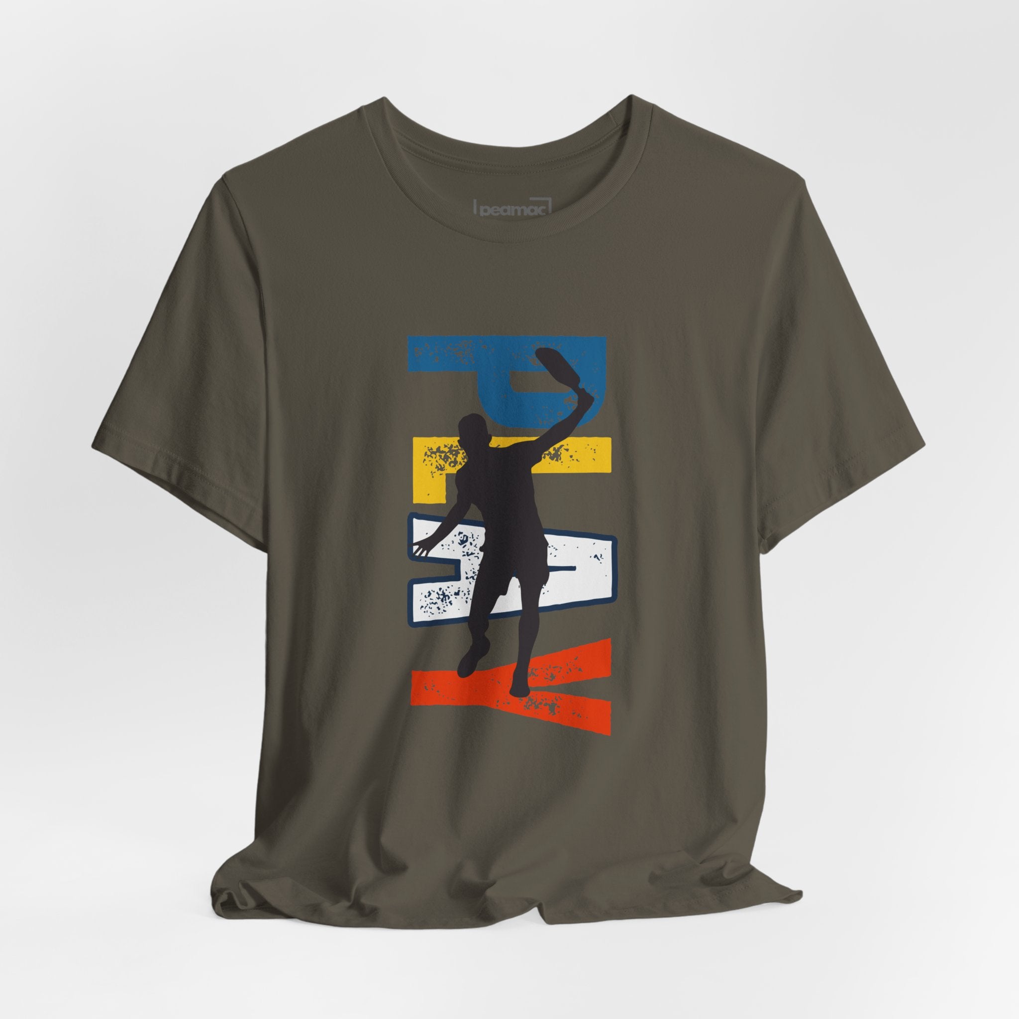 Men's Retro Pickleball Action T-Shirt with dynamic front silhouette and vertical "PICKLEBALL" text on the back.