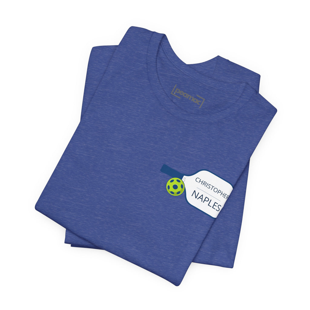 Personalized pickleball T-shirt with custom name and club graphics, featuring a paddle design for active sports enthusiasts.