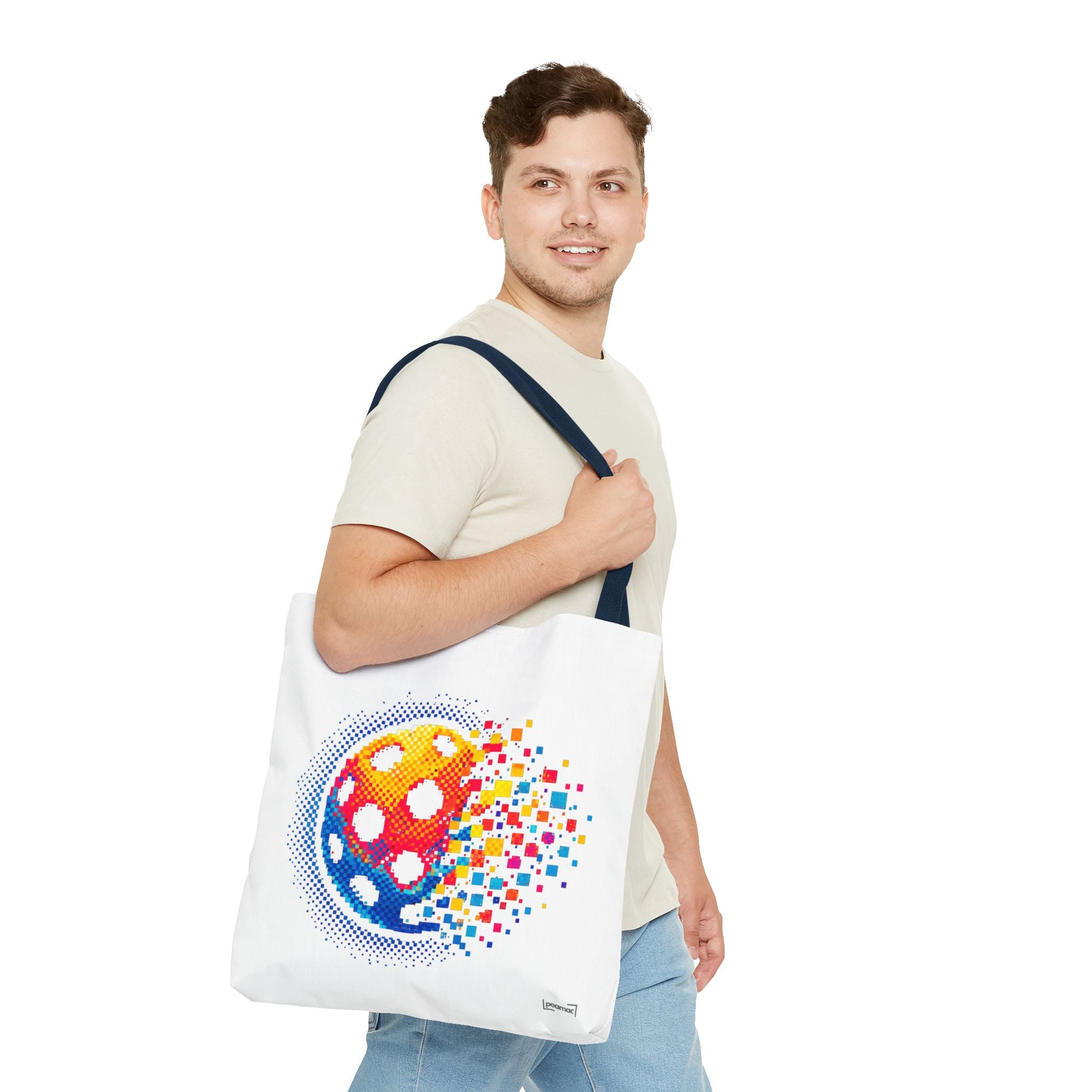 Pixelated Pickleball large tote bag with retro digital wiffle ball design, durable fabric, and spacious interior for carrying essentials.