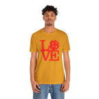 Red LOVE Pickleball graphic T-shirt by Printify featuring bold pop art design on soft cotton fabric.