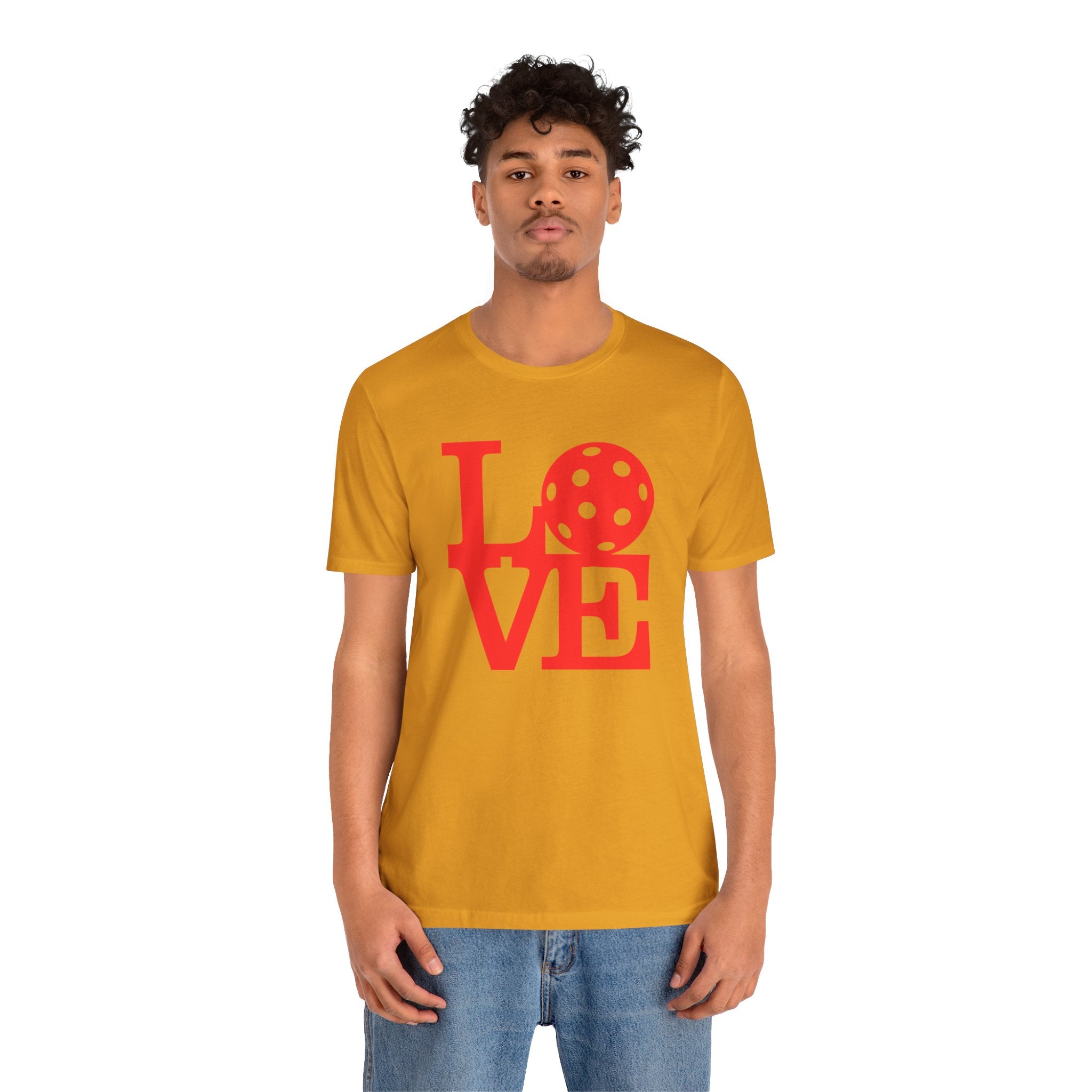 Red LOVE Pickleball graphic T-shirt by Printify featuring bold pop art design on soft cotton fabric.