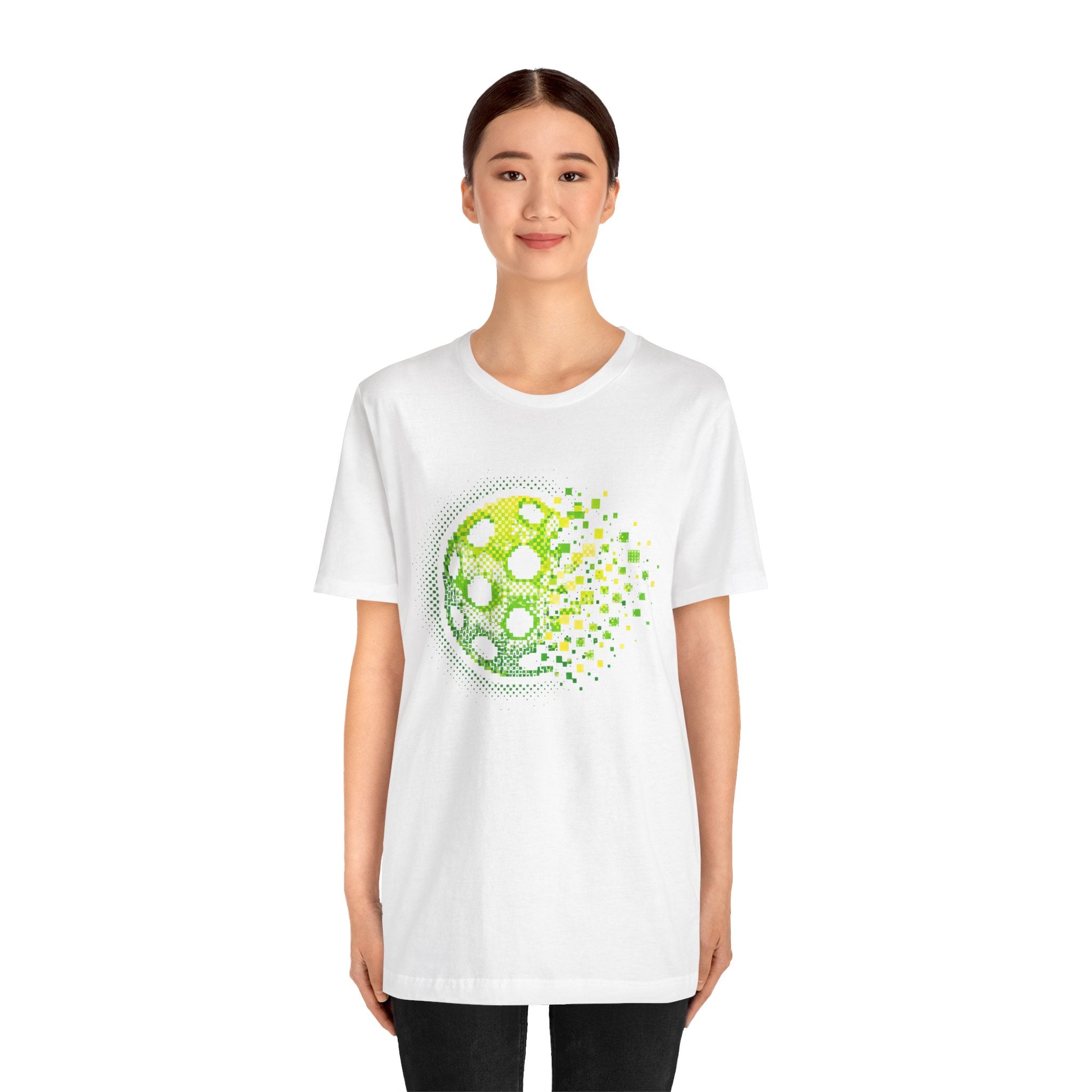 Green Pixelated Pickleball Tee featuring retro court graphic, casual T-shirt by Printify, perfect for pickleball enthusiasts.