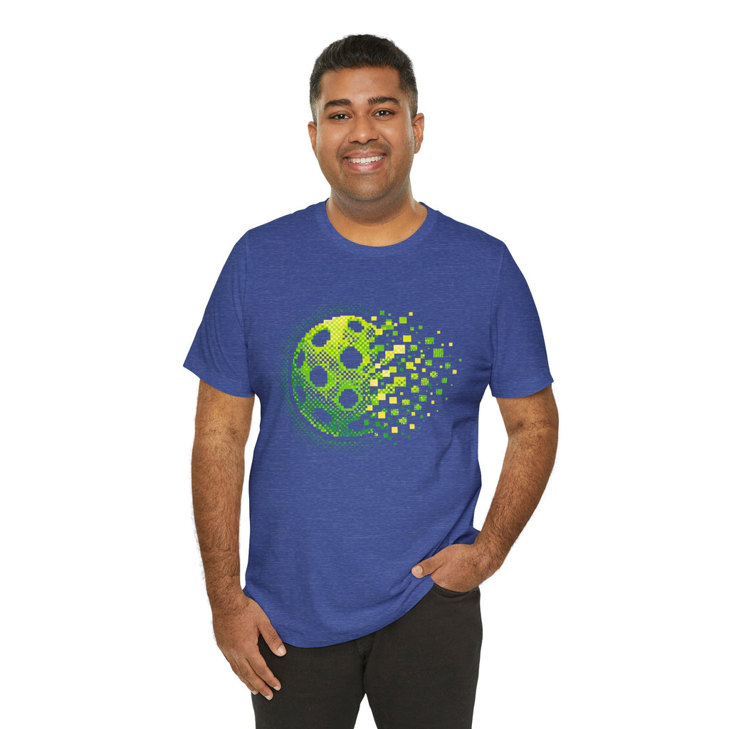Green Pixelated Pickleball T-shirt with retro court graphic, casual unisex tee by Printify featuring bold pickleball design.