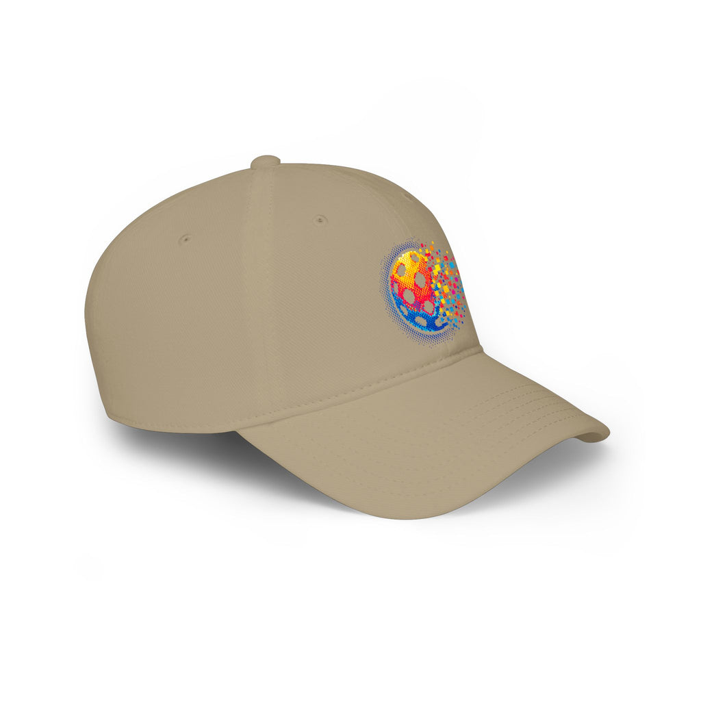 Pixelated Pickleball Cap, low profile cotton baseball hat by Printify, showcasing a colorful pixelated pickleball design.