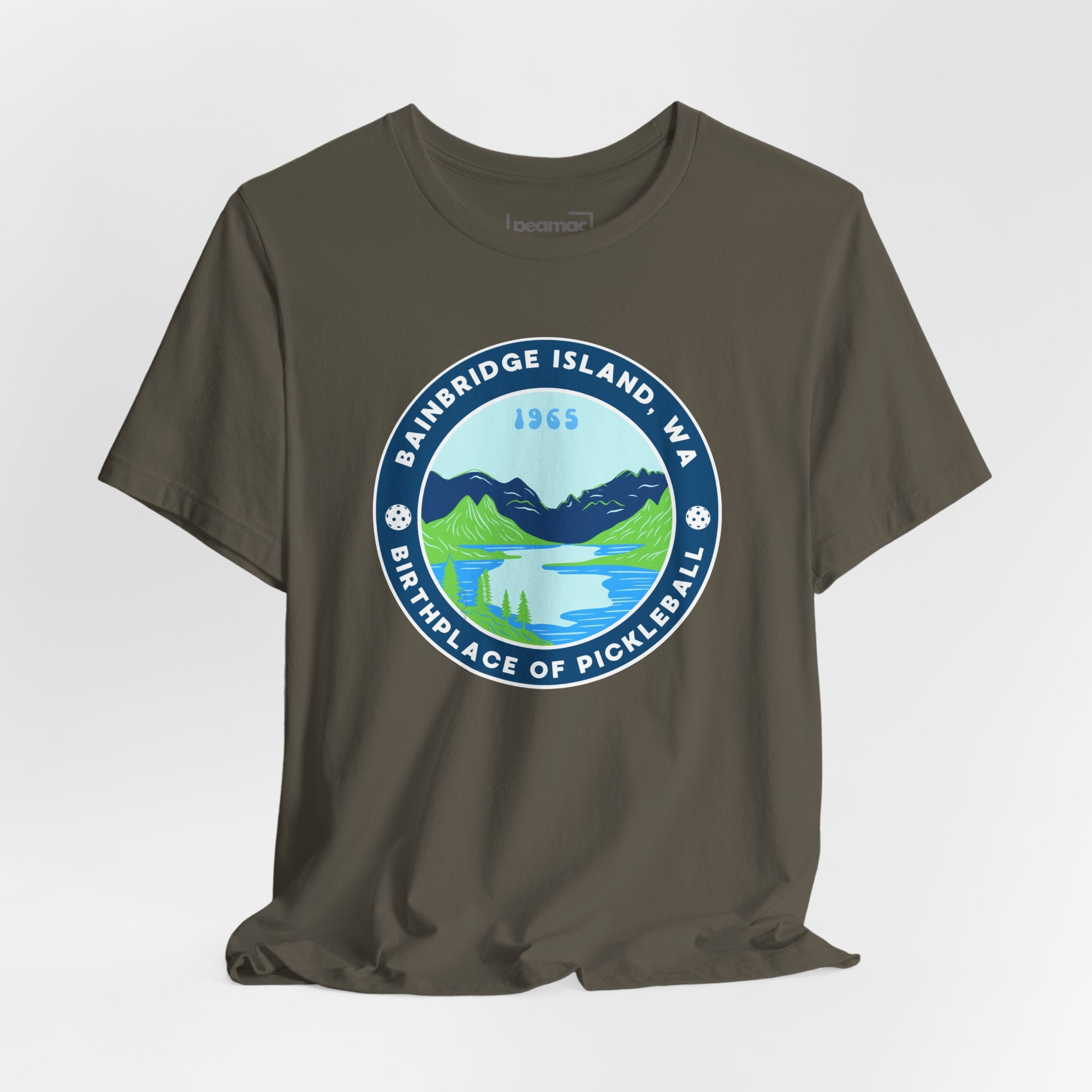 Unisex Bainbridge Island Pickleball T-Shirt featuring "Birthplace of Pickleball 1965" logo, casual cotton tee for pickleball fans.