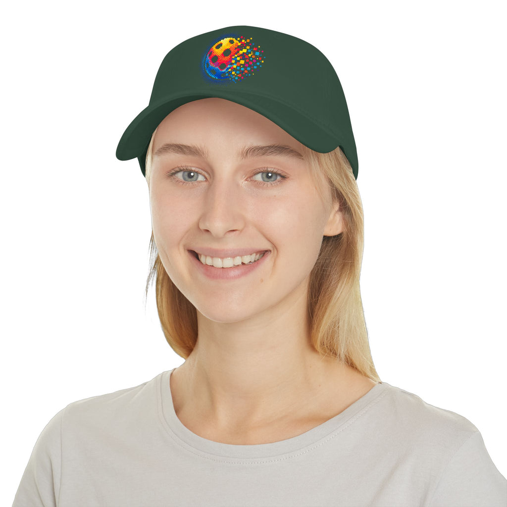Pixelated Pickleball Cap by Printify, low profile cotton baseball hat with pixelated pickleball design and curved brim.