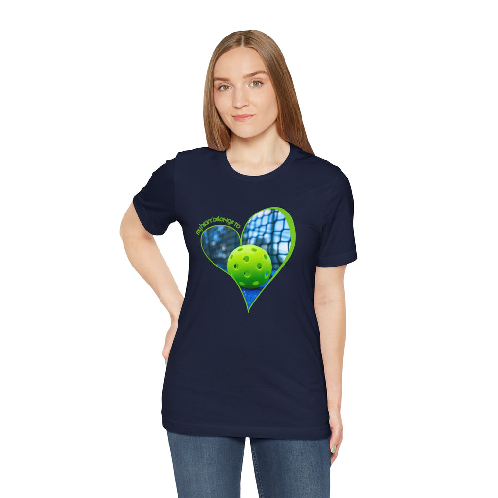 White Pickleball T-shirt with "My Heart Belongs to Pickleball" slogan for players and fans, casual and comfortable fit.