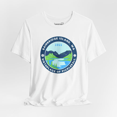 Unisex Bainbridge Island Pickleball T-Shirt with "Birthplace of Pickleball 1965" print, comfortable cotton fabric, casual fit.