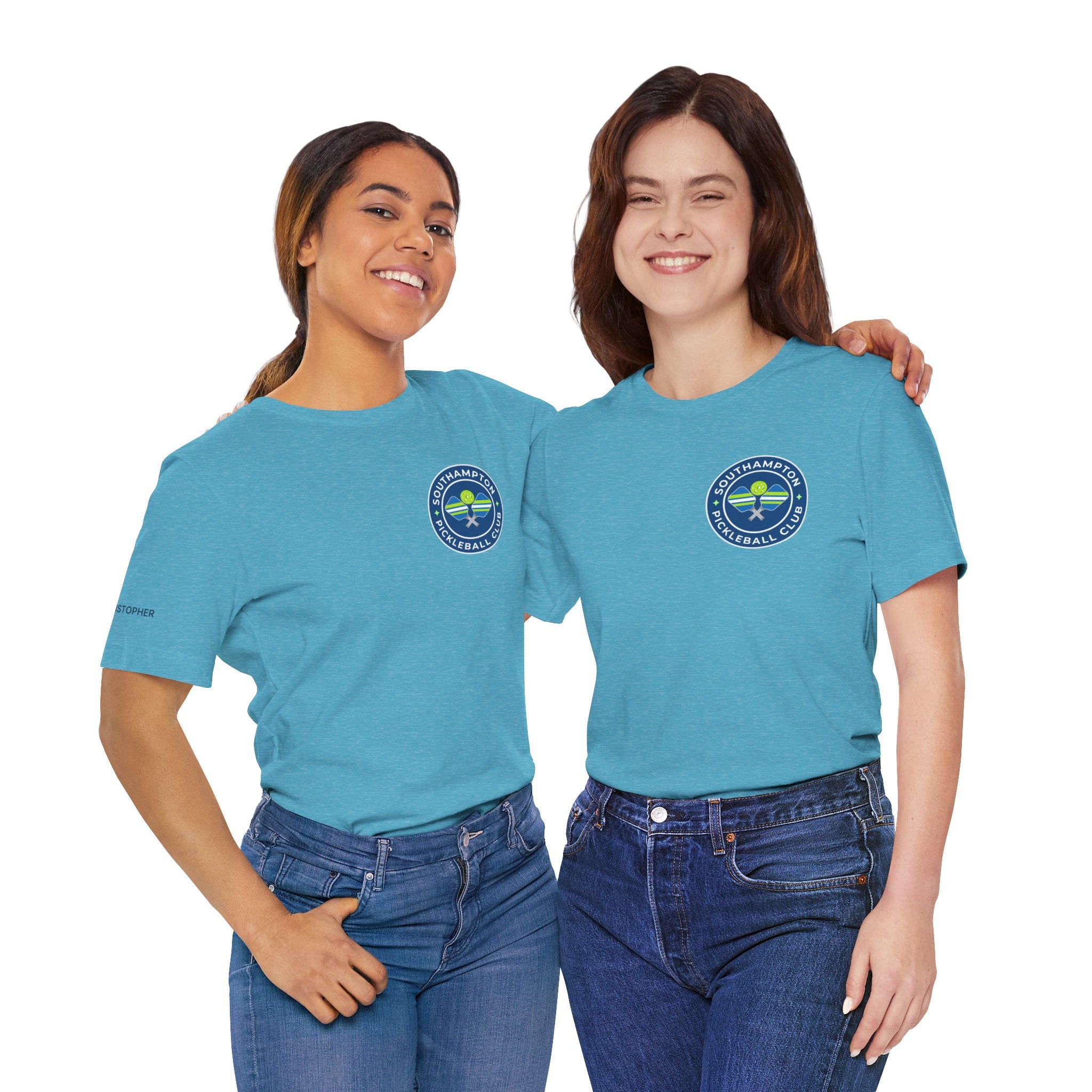 Personalized pickleball T-shirt with custom name sleeve, club logo, and pickleball graphic on the back, by Printify.