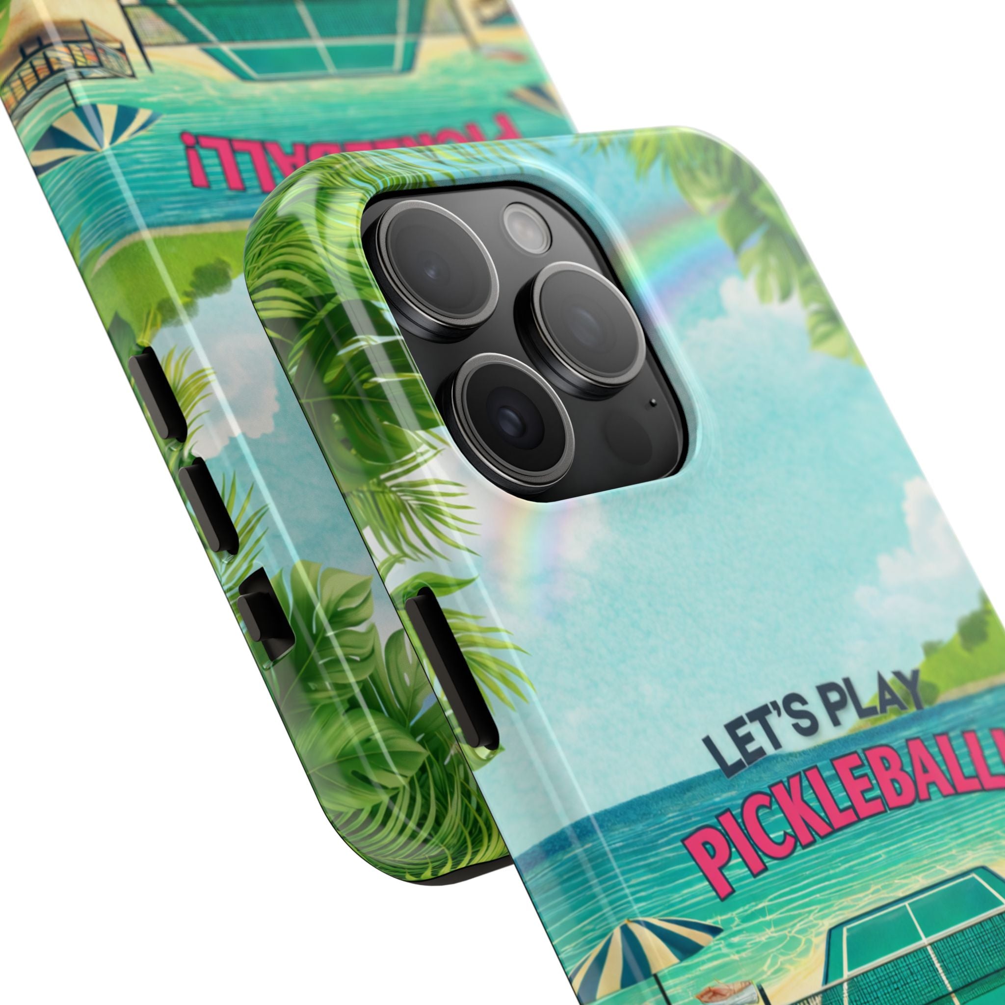 Let's Play Pickleball! Tropical Tough Phone Case | Supports Wireless Charging | Compatible with iPhone and Samsung smartphones