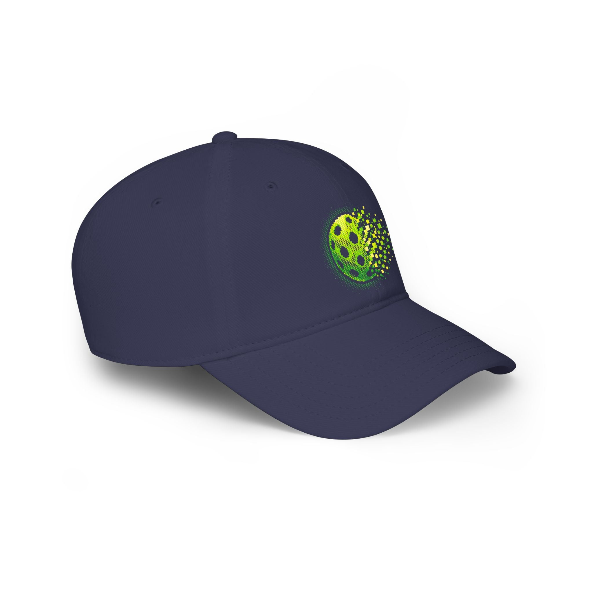 Pixelated Pickleball Cap Neon Green low profile cotton baseball hat by Printify with a bold, pixelated pickleball design.