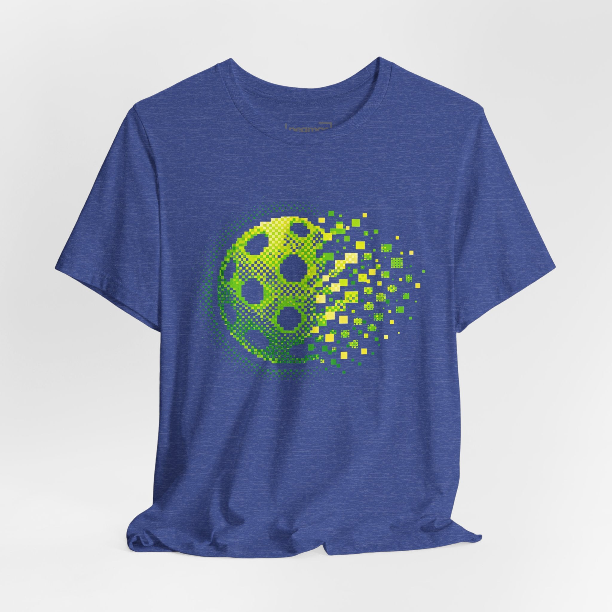 Green Pixelated Pickleball Tee with retro court graphic, men's T-shirt by Printify featuring bold, colorful pickleball design.