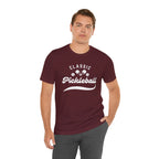 Classic pickleball T-shirt with "Pickleball" script design, comfortable casual wear for pickleball enthusiasts.