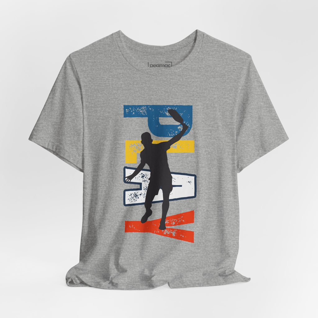 Men's Retro Pickleball Action T-Shirt with dynamic front silhouette and vertical 'PICKLEBALL' text on the back by Printify.