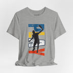Men's Retro Pickleball Action T-Shirt with dynamic front silhouette and vertical 'PICKLEBALL' text on the back by Printify.