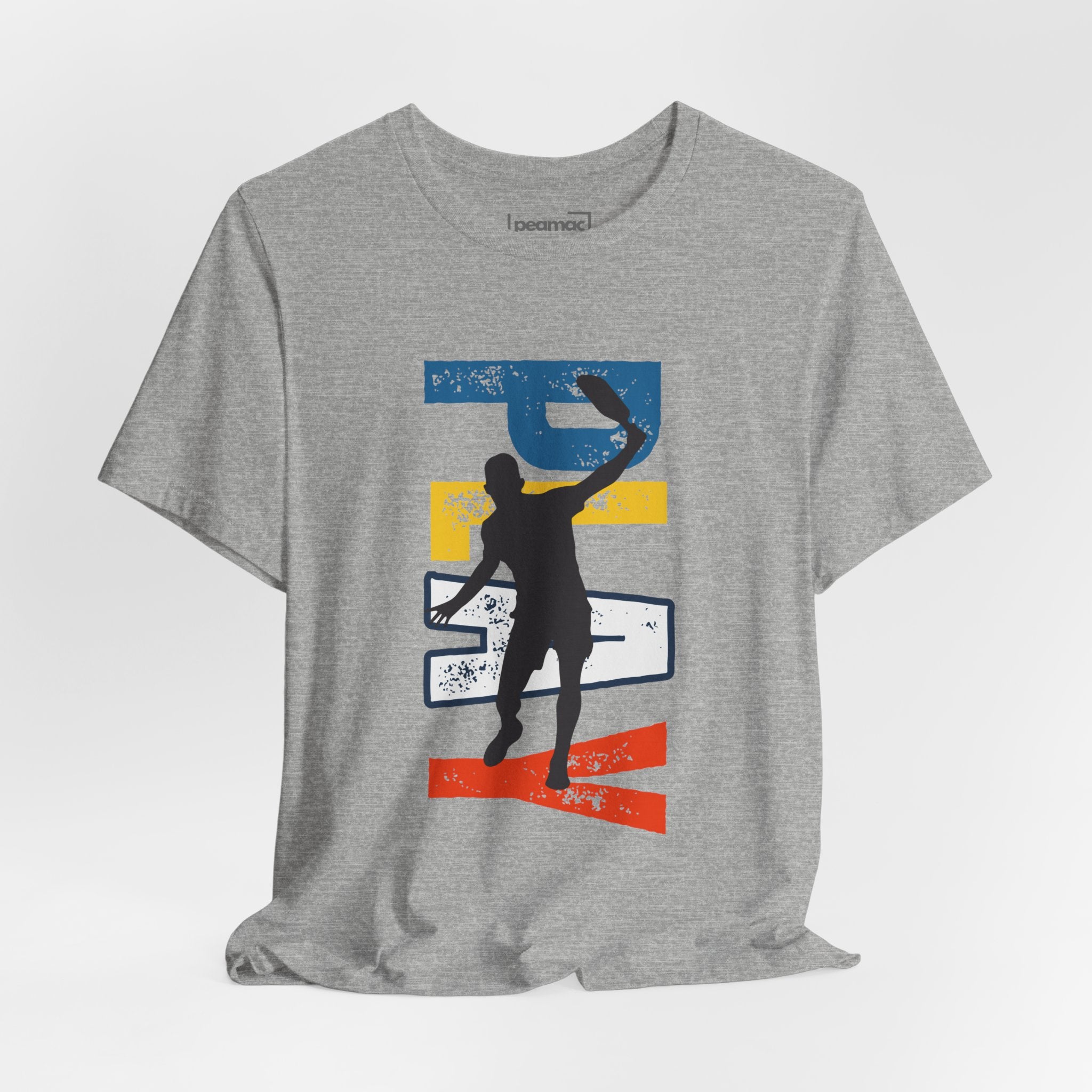 Men's Retro Pickleball Action T-Shirt with dynamic front silhouette and vertical 'PICKLEBALL' text on the back by Printify.