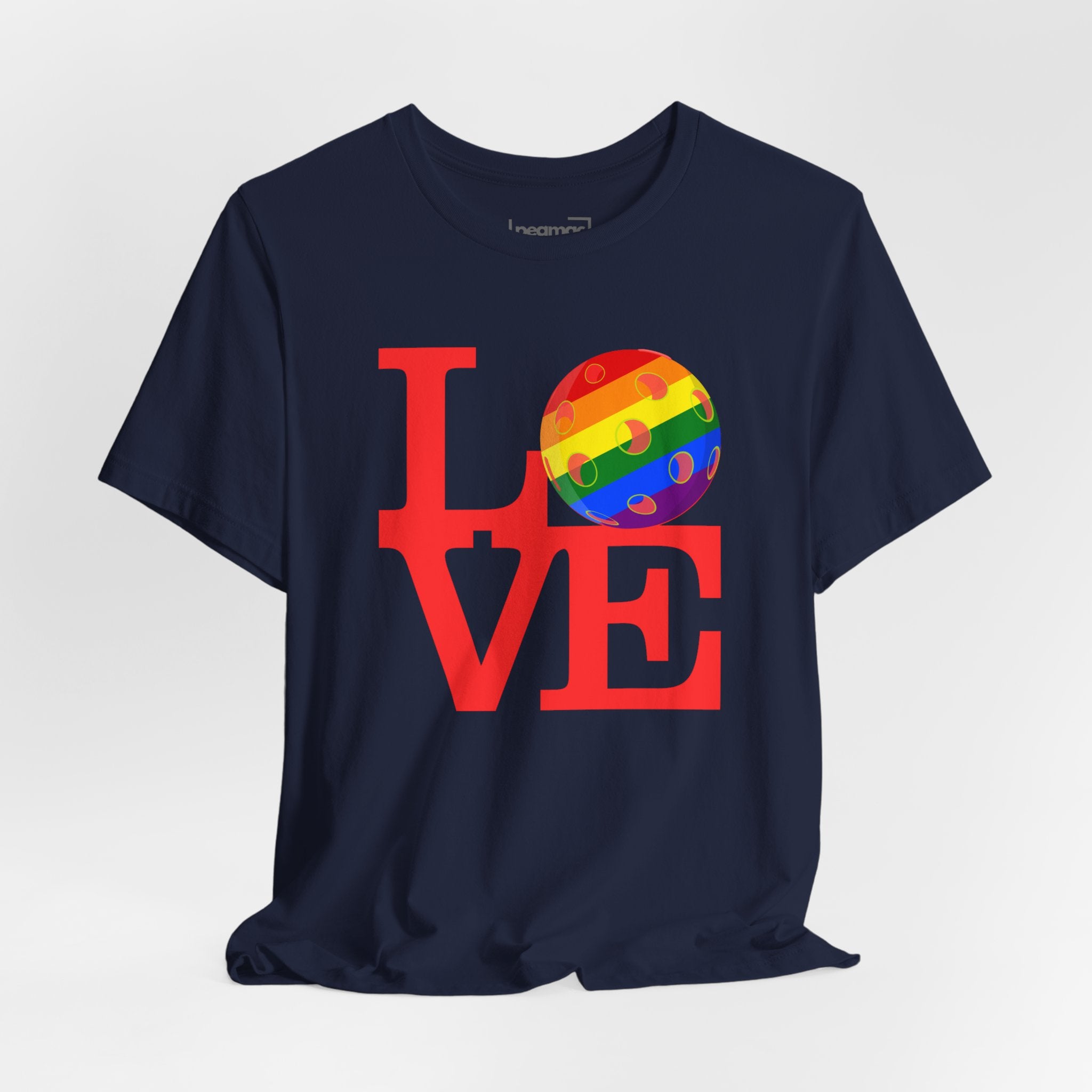 Rainbow LGBTQ2 Pride T-Shirt by Printify featuring the LOVE Pickleball logo on a colorful, comfortable unisex tee.