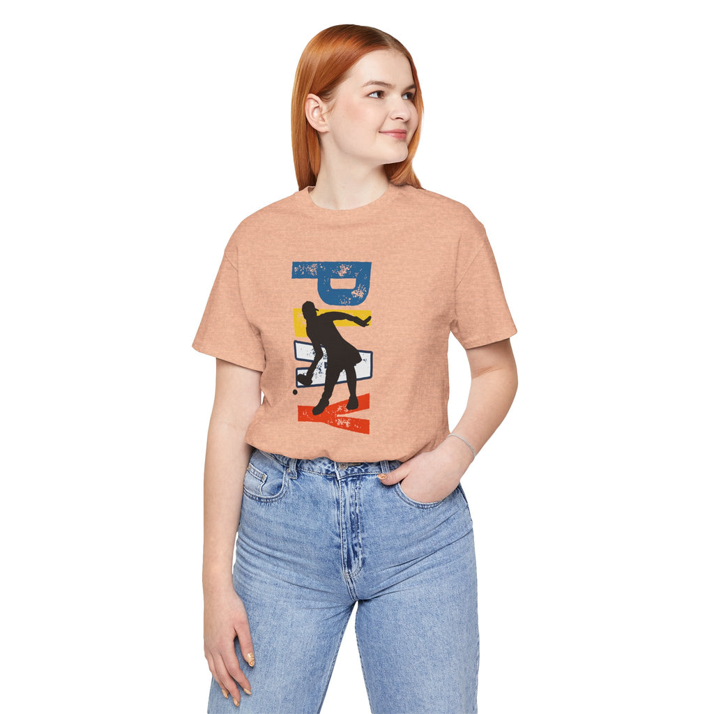 Women's retro-inspired pickleball T-shirt with vertical "PICKLEBALL" back print, casual athletic style by Printify.