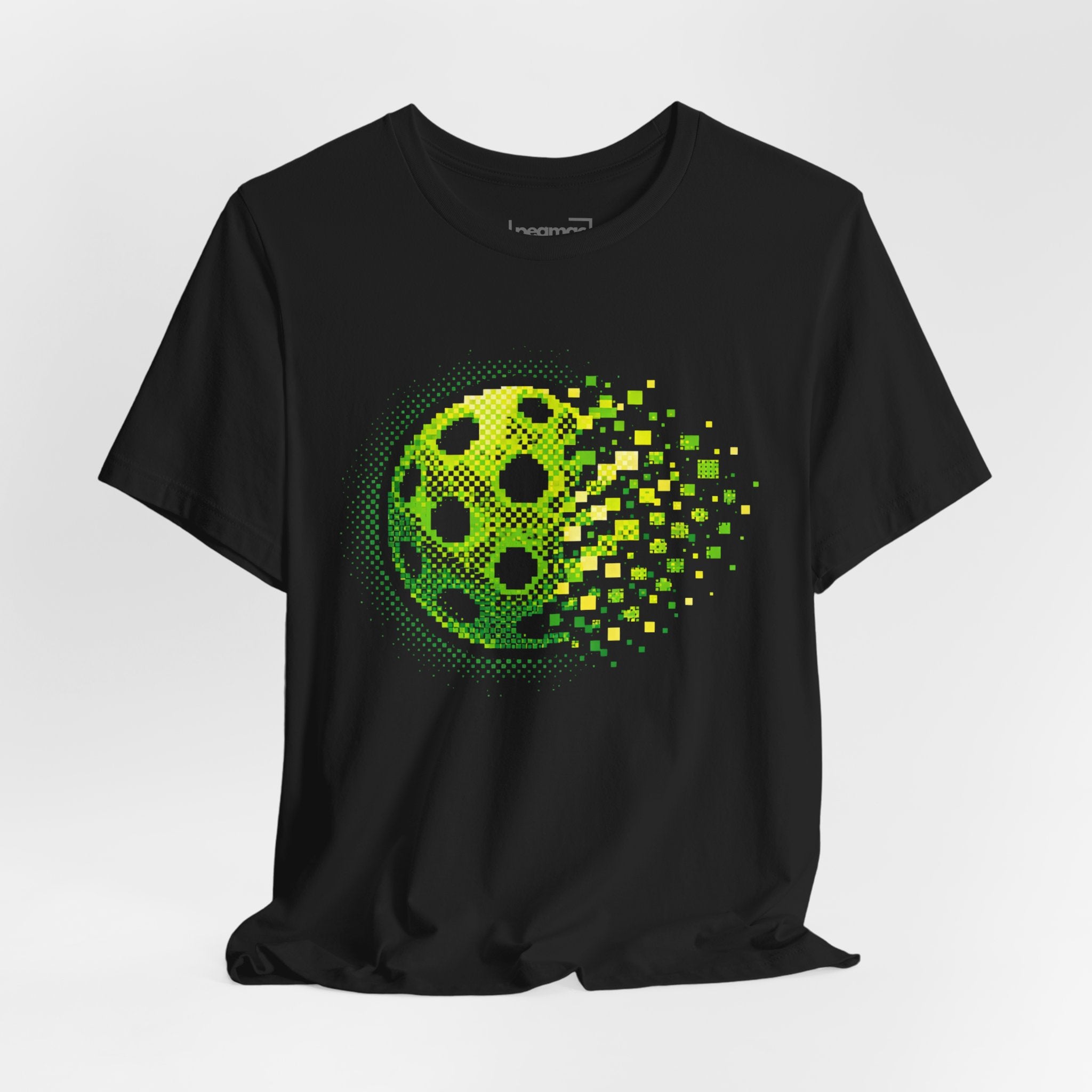 Green Pixelated Pickleball T-shirt with retro court graphic by Printify, casual short-sleeve tee for pickleball enthusiasts.