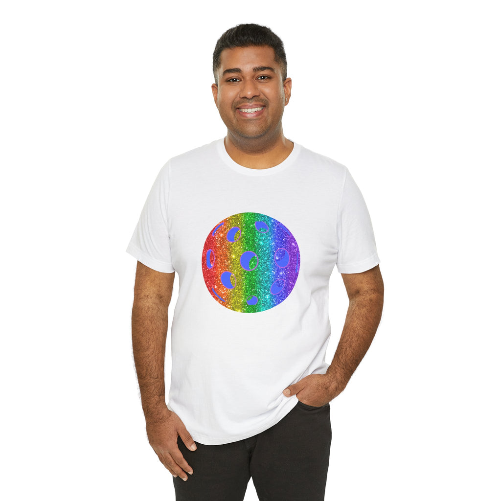 Rainbow glitter pickleball pride T-shirt by Printify featuring a colorful, sparkly design celebrating LGBTQ+ pride and pickleball.