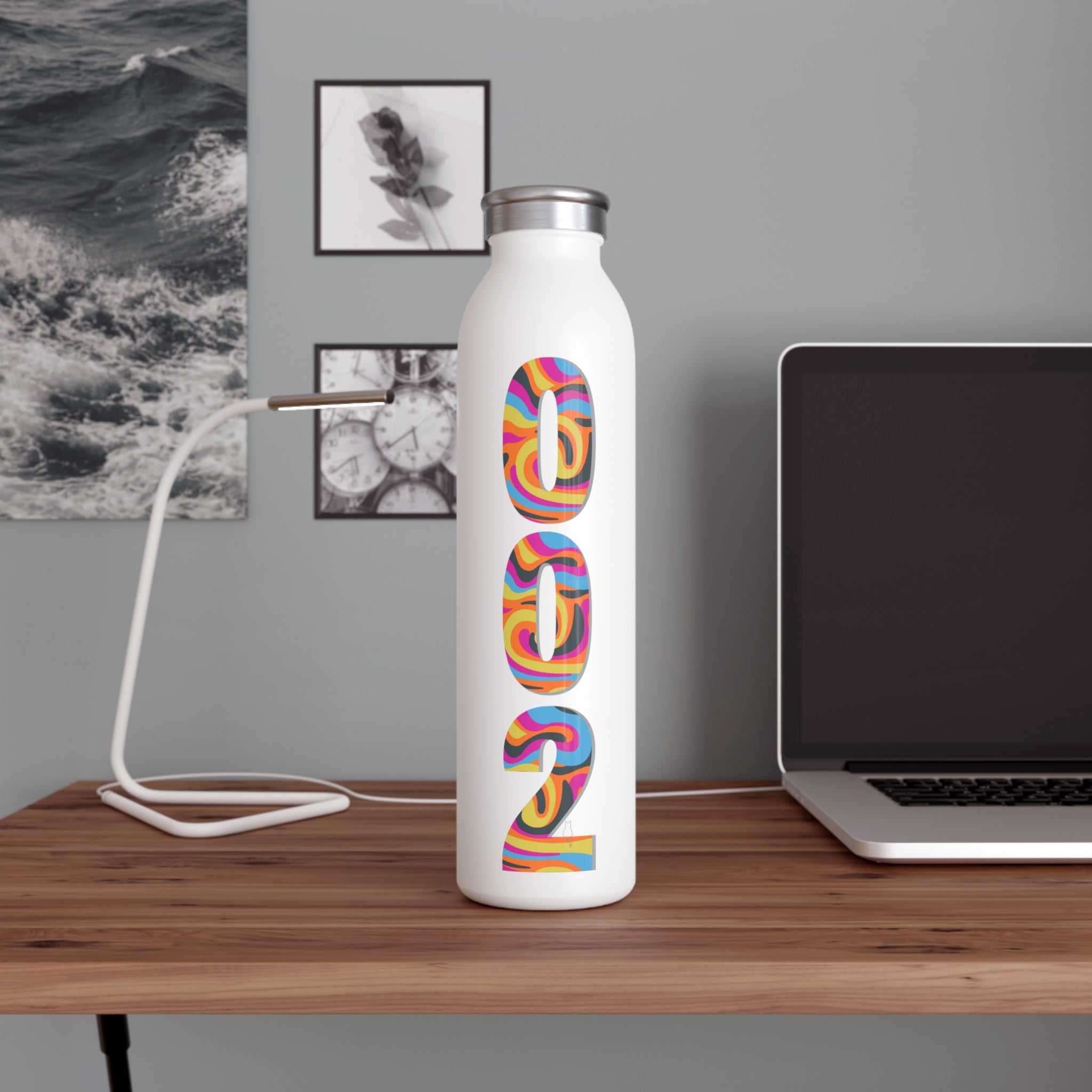 Stainless steel pastel psychedelic pickleball hydration bottle, 20oz retro sports water bottle with colorful design.