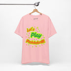 Neon orange and electric green Pickleball Rally T-Shirt with court graphic, casual athletic wear by Printify, front view.