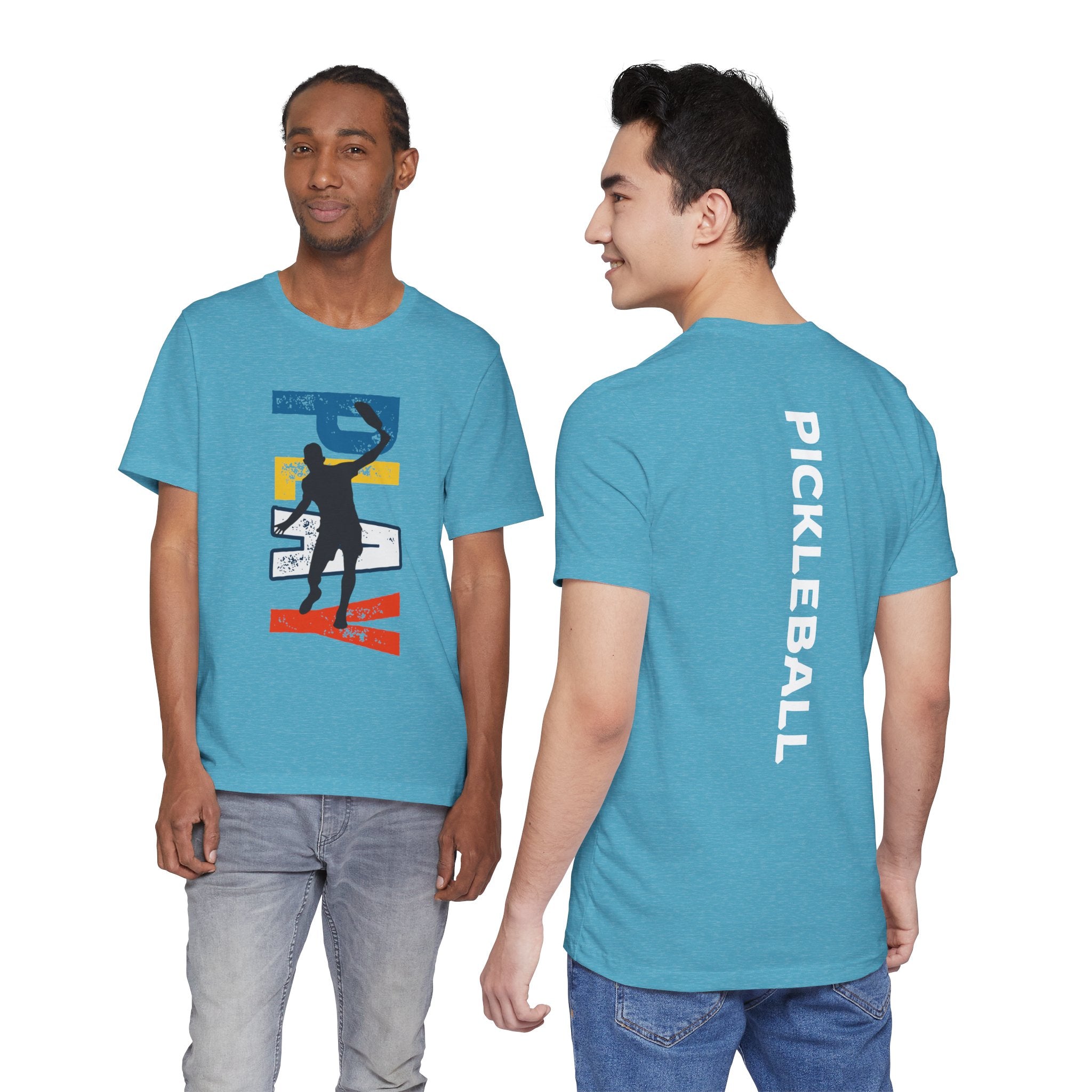 Men's Retro Pickleball Action T-shirt with front silhouette and vertical "PICKLEBALL" text on the back, by Printify.