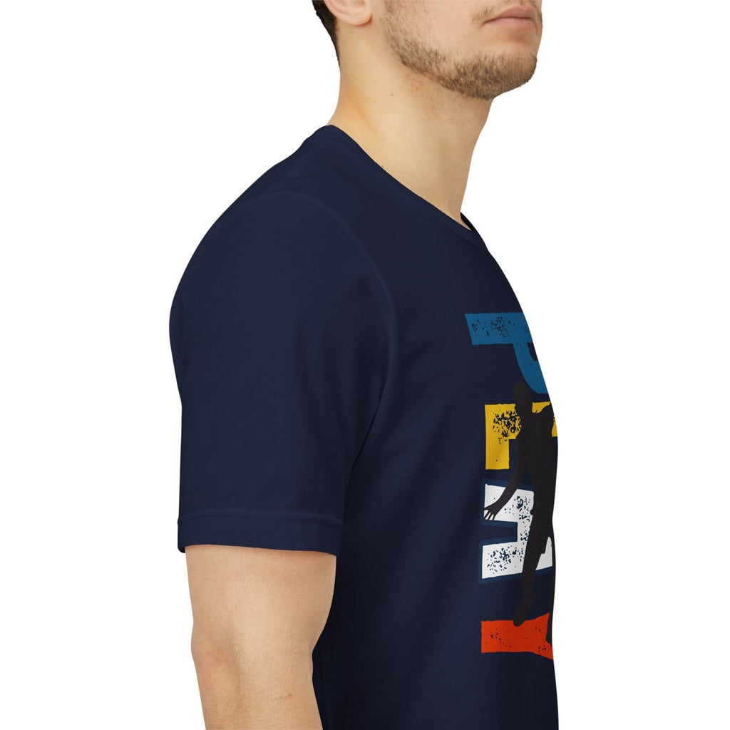 Men's Retro Pickleball Action T-shirt featuring a dynamic front silhouette and vertical "PICKLEBALL" text on the back.