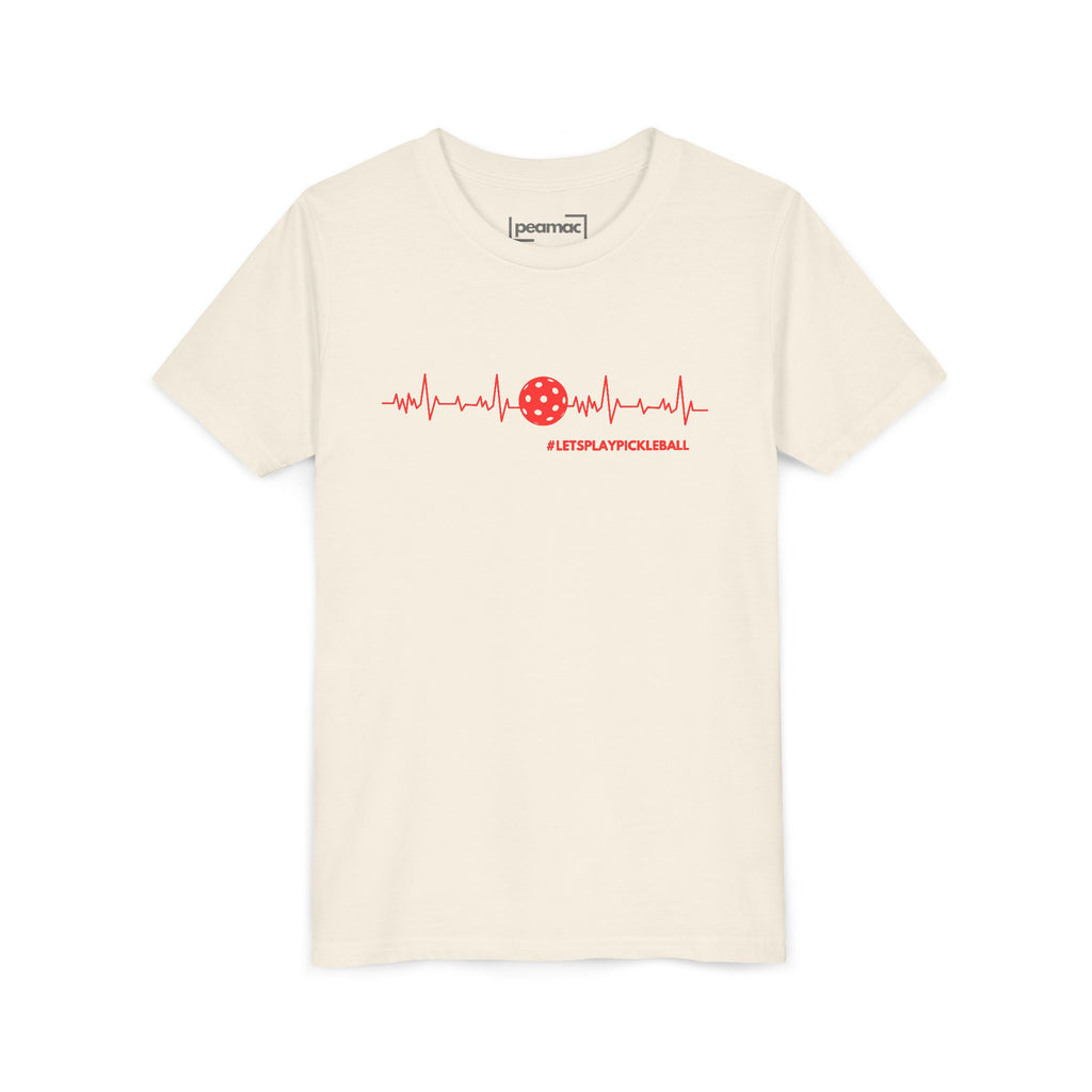Kids' youth Pickleball tee with heartbeat and "Let's Play Pickleball" print, featuring colorful design and comfortable fabric.