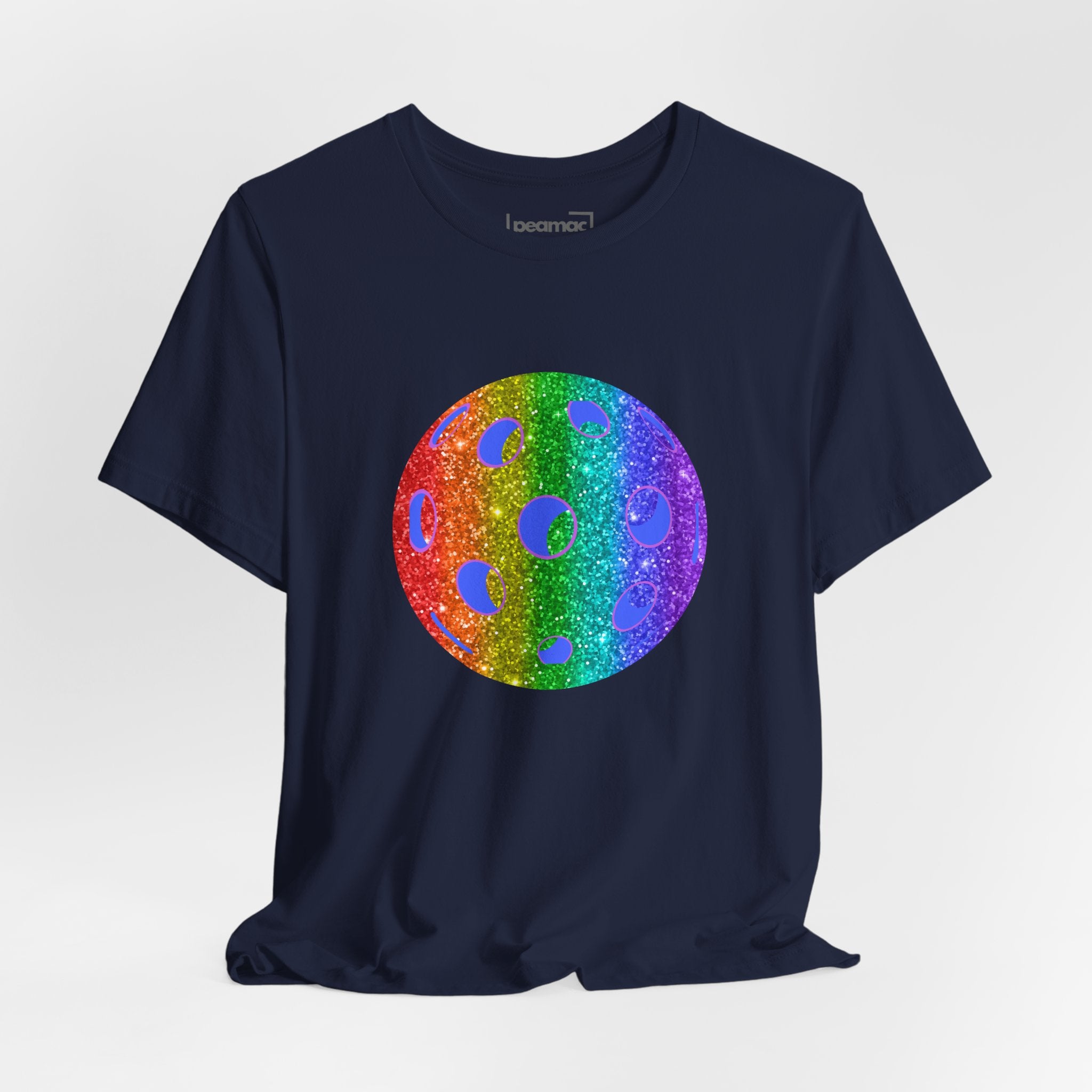 Rainbow glitter pickleball T-shirt featuring the Sparkle Loud and Proud Pickleball Pride Tee design on a colorful, eye-catching printify tee.