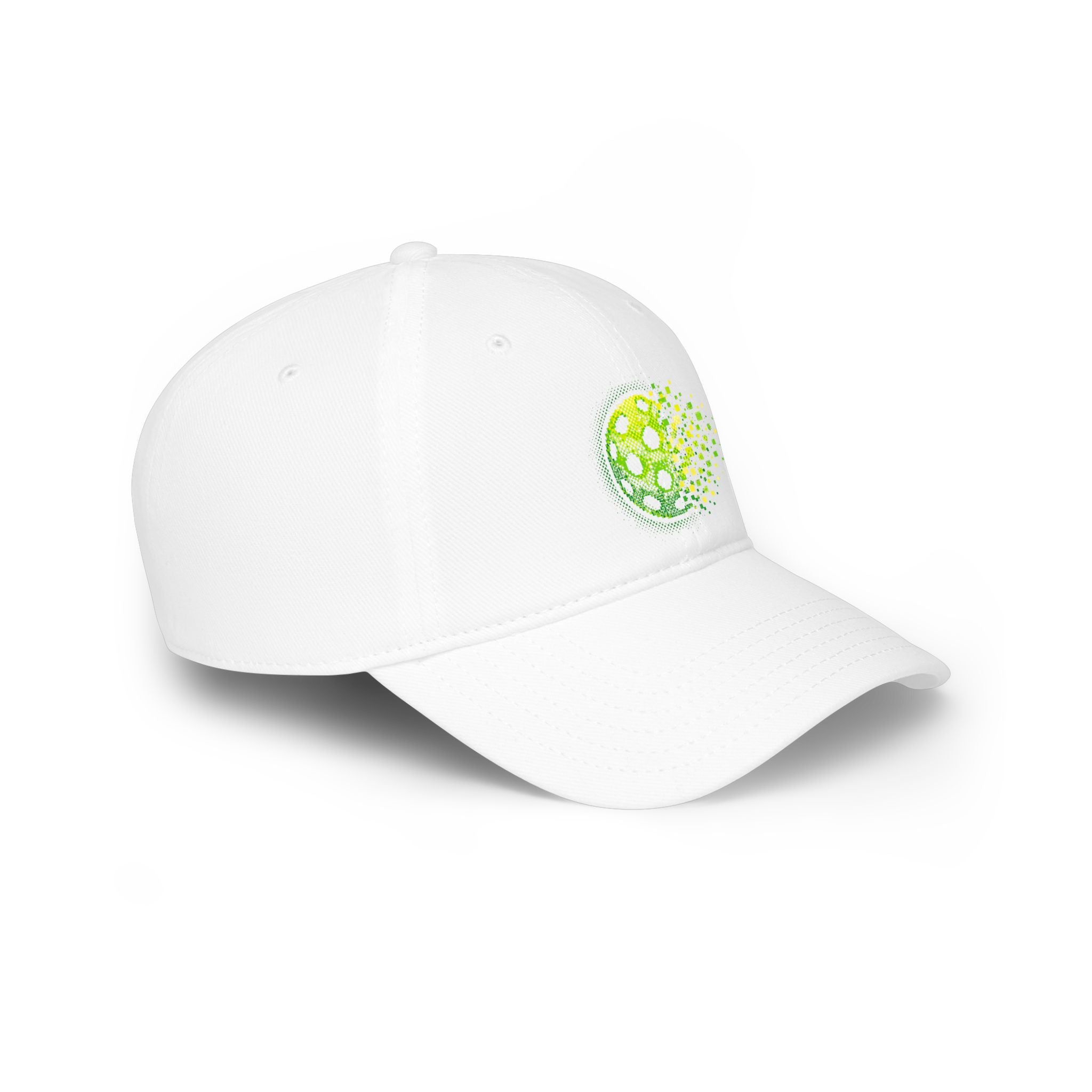 Pixelated Pickleball Cap in neon green, low profile cotton baseball hat by Printify, featuring a vibrant, pixelated pickleball design.