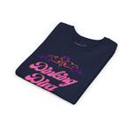 Pink Dinking Diva youth pickleball shirt with filigree design, made for kids, by Printify, shown on a child model.