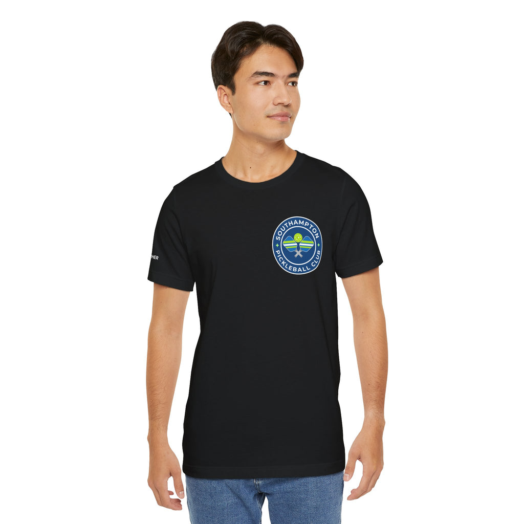 Personalized pickleball T-shirt by Printify with custom name sleeve, club logo, and pickleball graphic on the back.